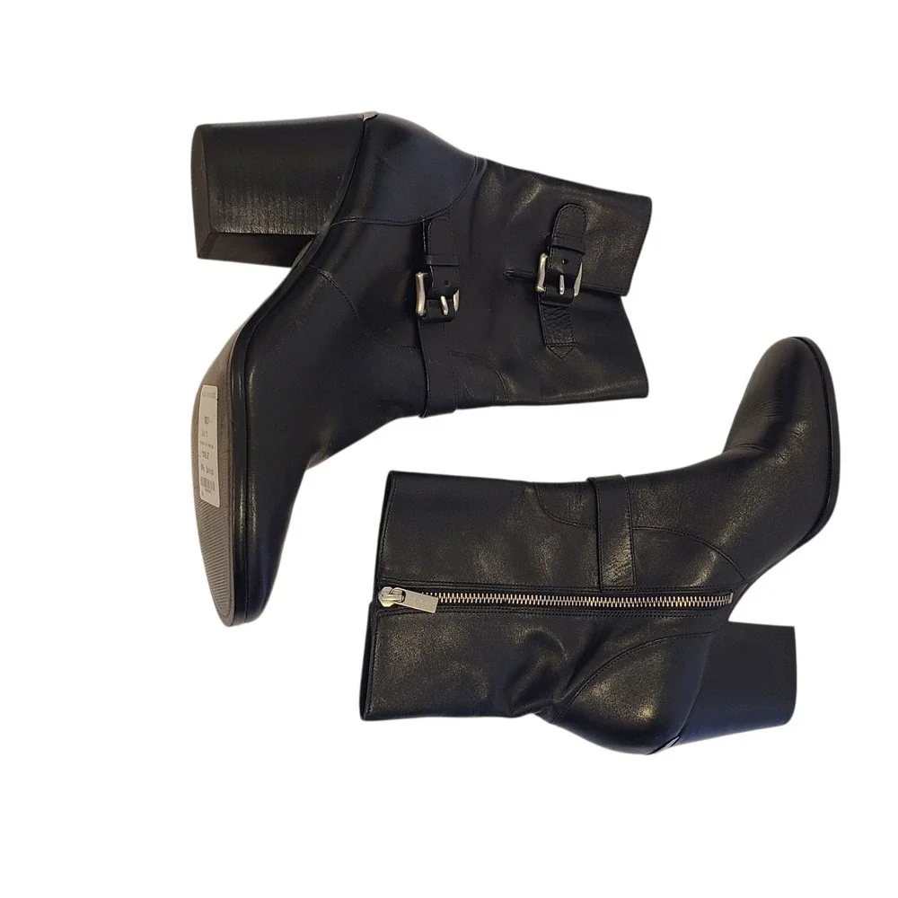Michael‎ Kors Black Leather 2 Buckle Mid Calf Boots Size 11 Block Heel Moto